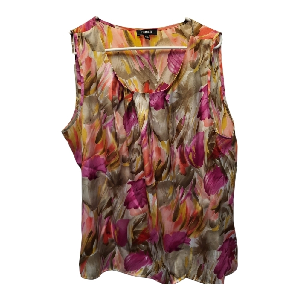 Elementz Women's Pink Floral Sleeveless Pleated Blouse - Size XL